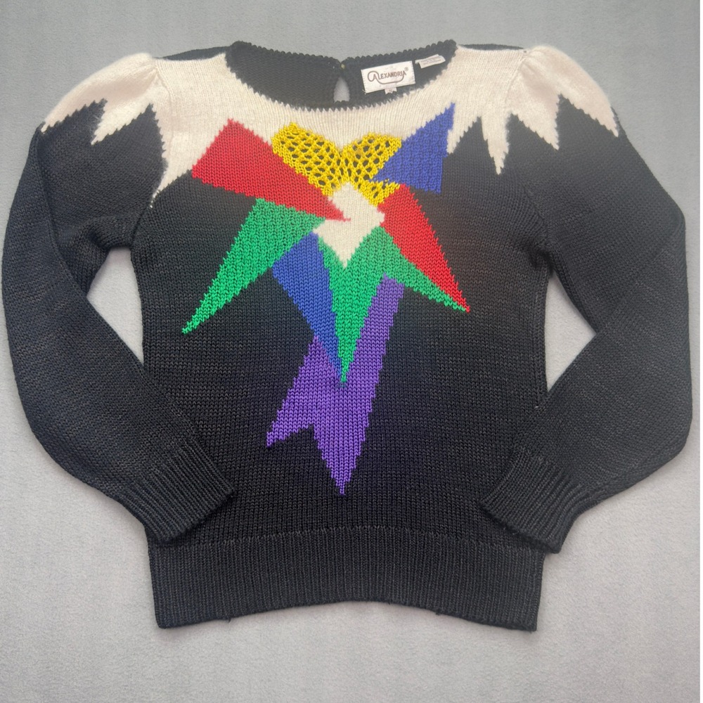 Alexandria Vintage 80s Geometric Knit Sweater Small Black Angora Rabbit Hair